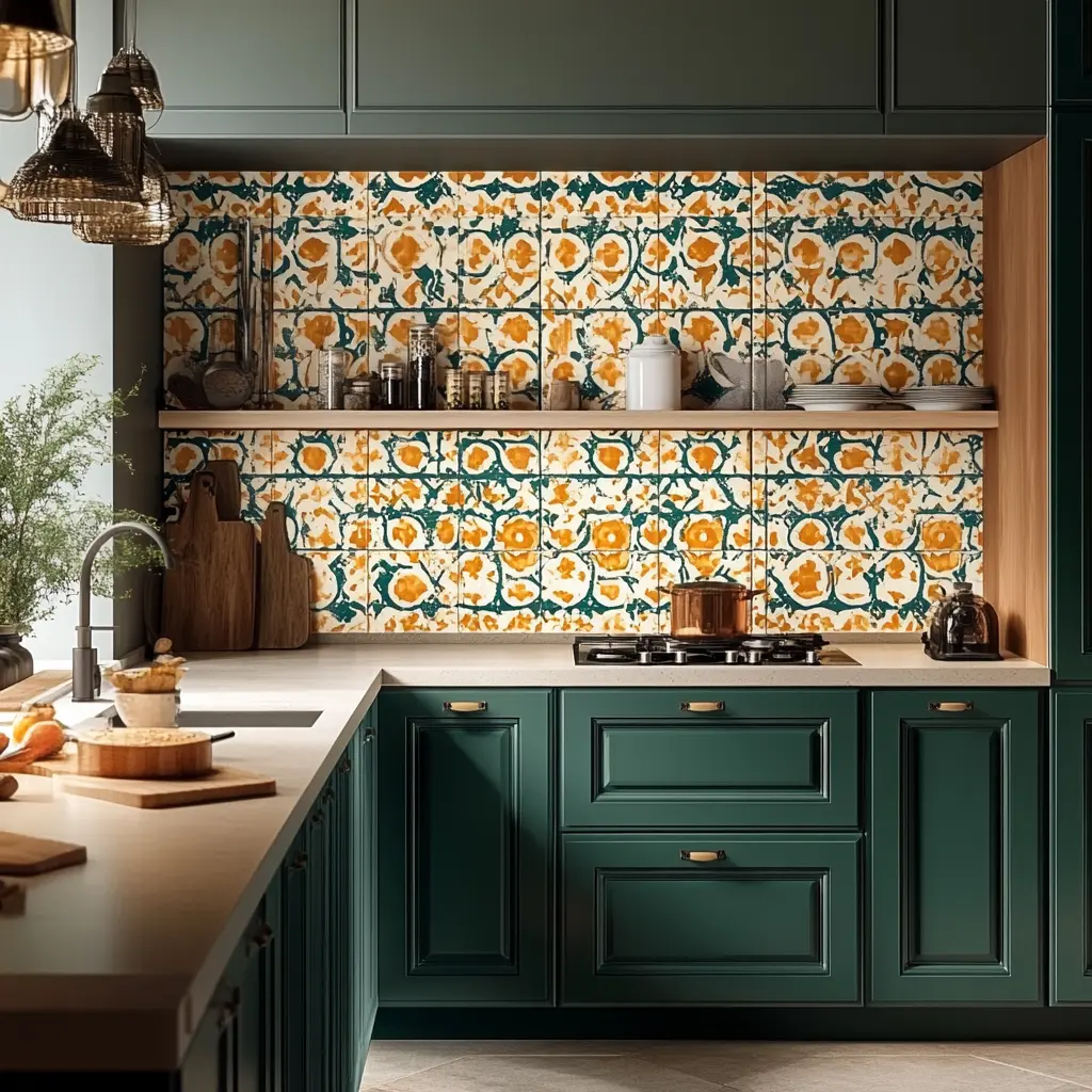 DIY Kitchen with a traditional Spanish tile backsplash, colorful cabinets in deep teal and terracotta, sleek quartz countertops, and bold appliances.