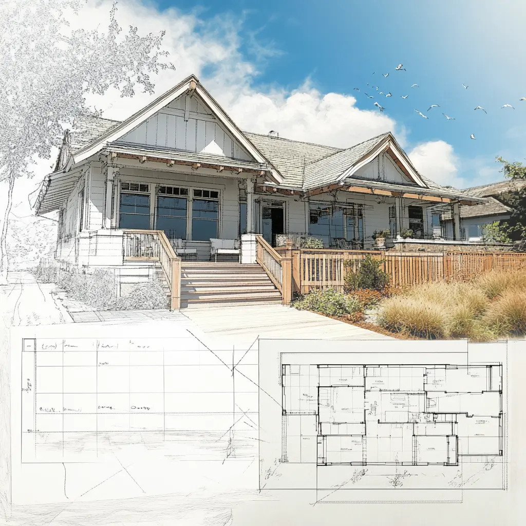 Spreadsheet to Sketch to 3D: A Visual Journey of Home Design A digital illustration transitioning from a spreadsheet to a floor plan sketch and finally to a 3D rendering of a California beach house.