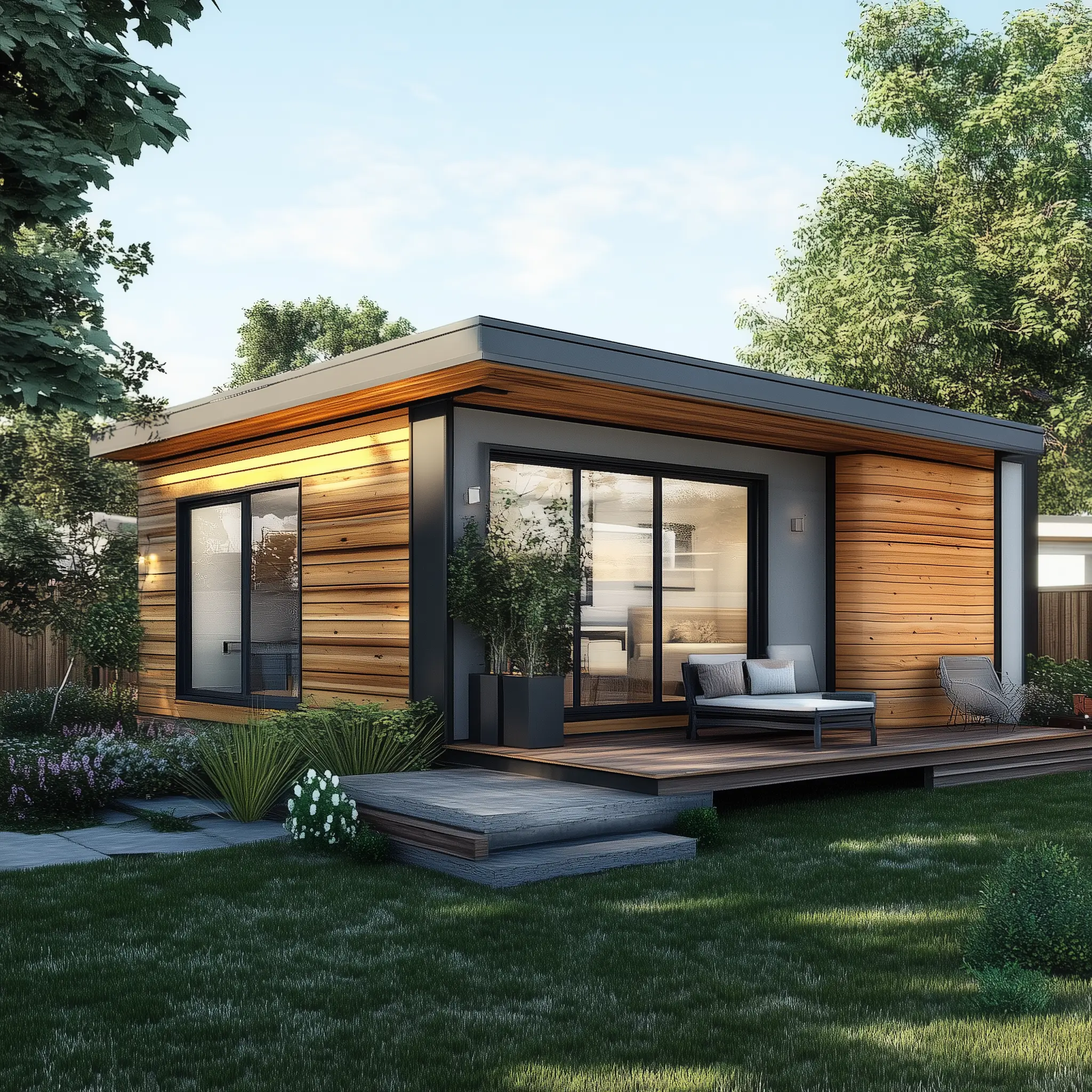 Compact and Stylish: Square Foot ADU Exterior Rendering Exterior rendering of a square foot accessory dwelling unit with a modern design.