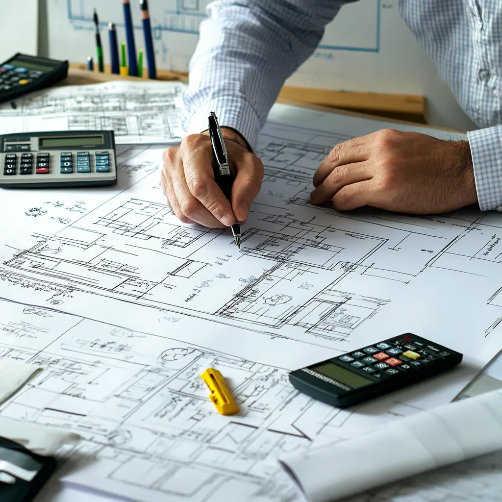 Structural Engineer at Work: Analyzing Blueprints and Calculations A structural engineer analyzing blueprints and performing calculations on a drafting table with tools and diagrams.