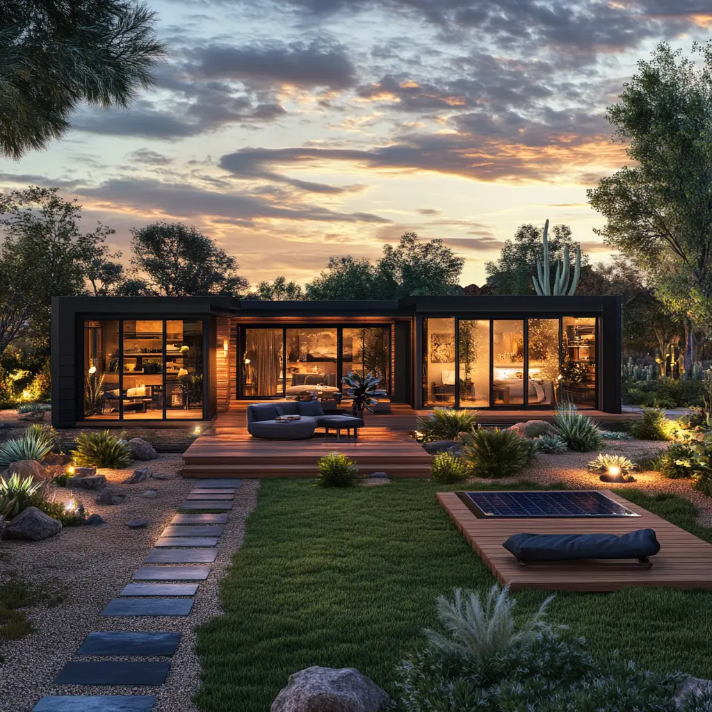 Stunning Sunset Rendering: 10x40 Foot Luxury Modular Home Ultra-realistic sunset rendering of a 10x40 foot luxury modular home in Arizona with reflective glass windows, wood and metal finishes, and solar panels.