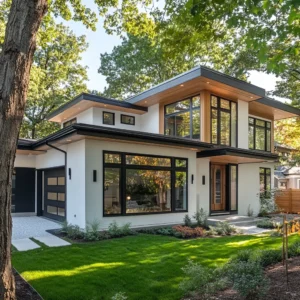 A modern suburban home with an attached ADU, showcasing efficient use of space and elegant design.