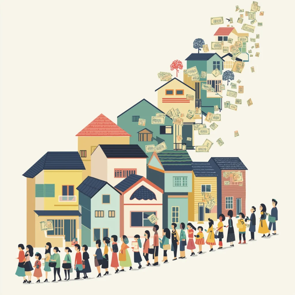 A colorful illustration showing a line of people holding money, waiting to buy houses in a busy neighborhood.