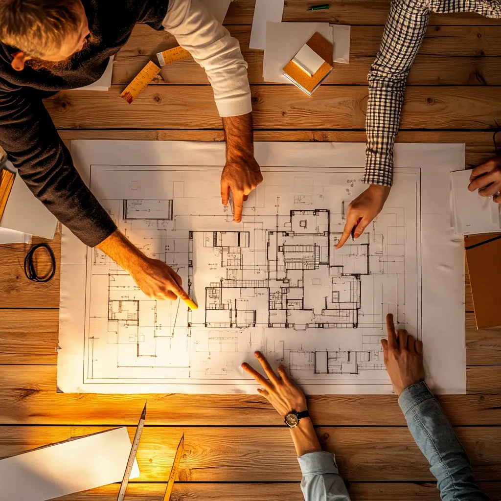 Top-down view of a project team gathered around a large blueprint on a wooden table, discussing the design.