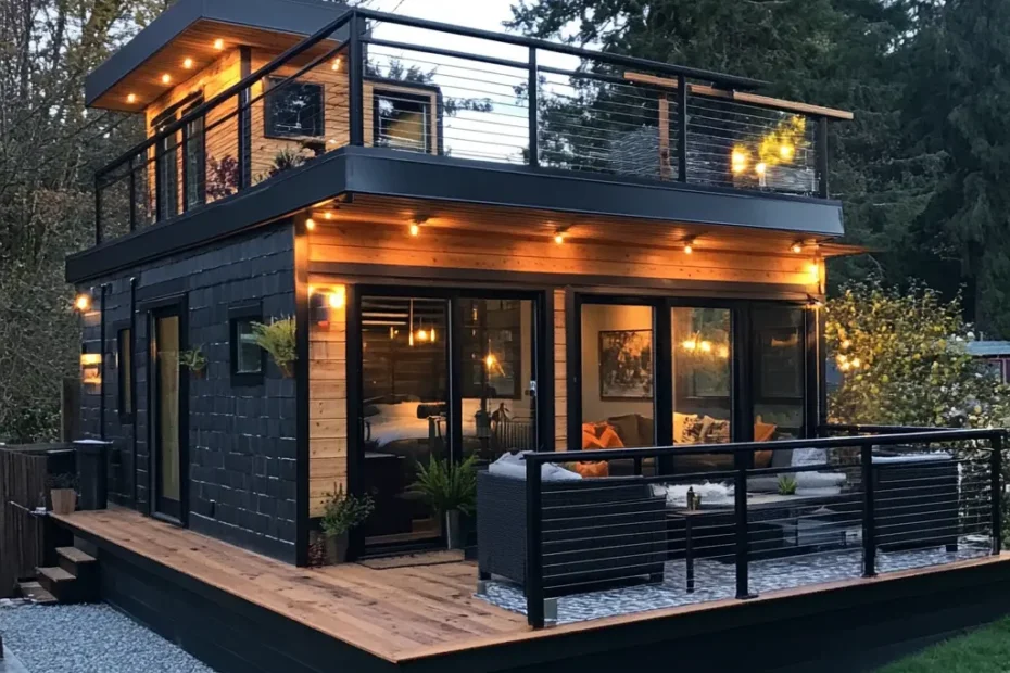 A small house with a rooftop deck, offering additional outdoor living space.