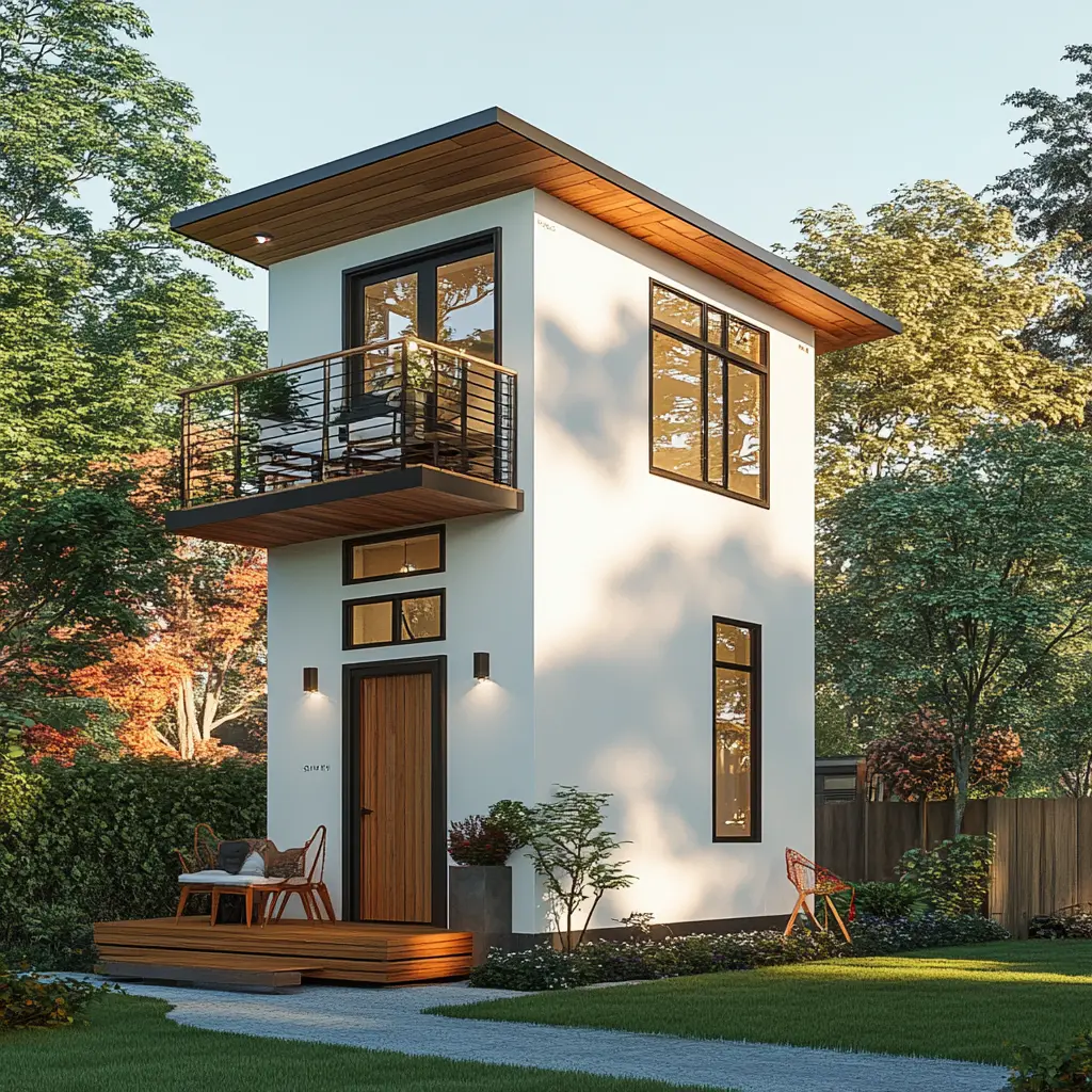 A small, narrow house with two floors, a rooftop deck, a front balcony, and a green yard.