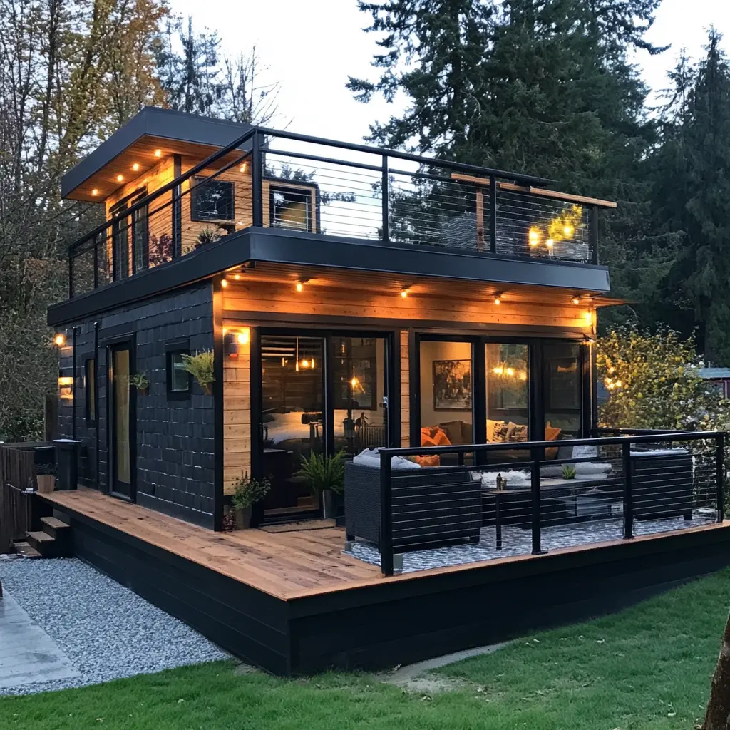 A small house with a rooftop deck, offering additional outdoor living space.