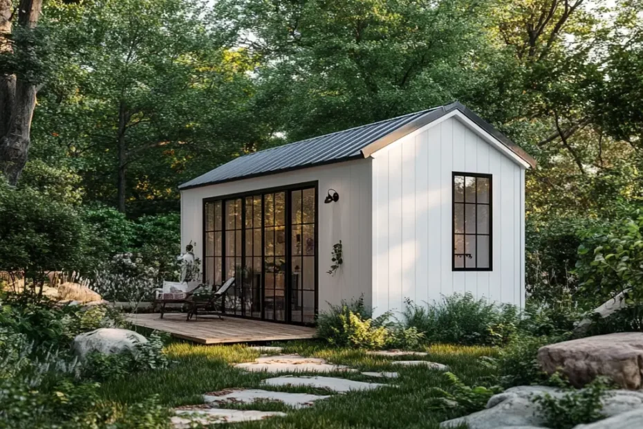 A tiny white cottage surrounded by greenery.