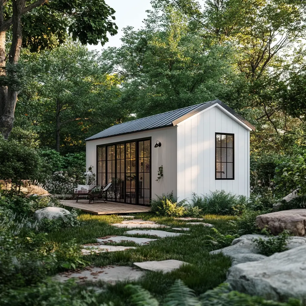 A tiny white cottage surrounded by greenery.