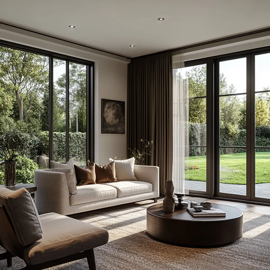 Transitional Living Room Rendering: Dark Floors, Natural Light A 3D rendering of a transitional style living room with dark floors, natural light, and modern furniture.