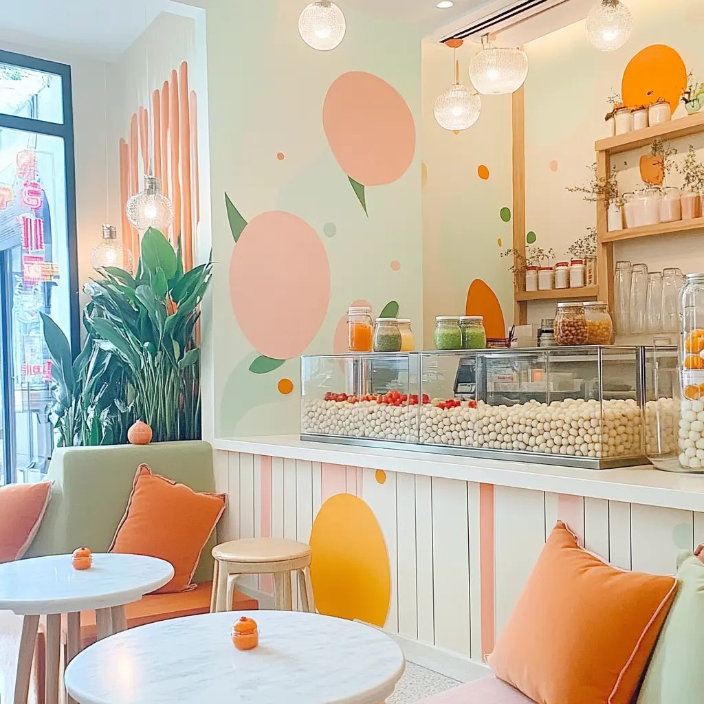 Trendy Boba Shop Interior Design: Neon Lights and Urban Vibes A photorealistic rendering of a trendy boba tea shop interior with bright neon lights, minimalist furniture, and playful murals.