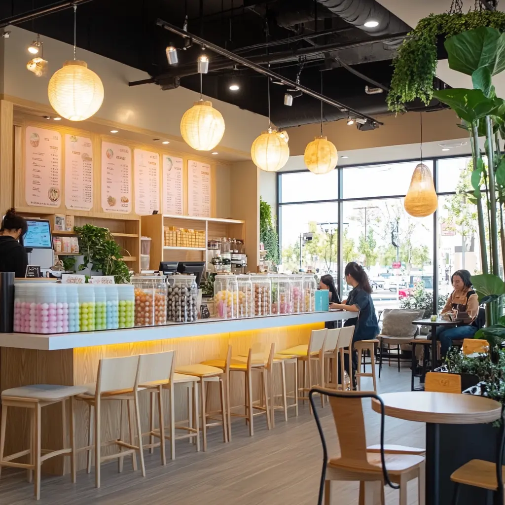 Trendy Boba Shop Interior: Vibrant and Cozy Design A vibrant and modern boba shop interior with pastel and neutral tones, stylish hanging lights, and comfortable seating areas.