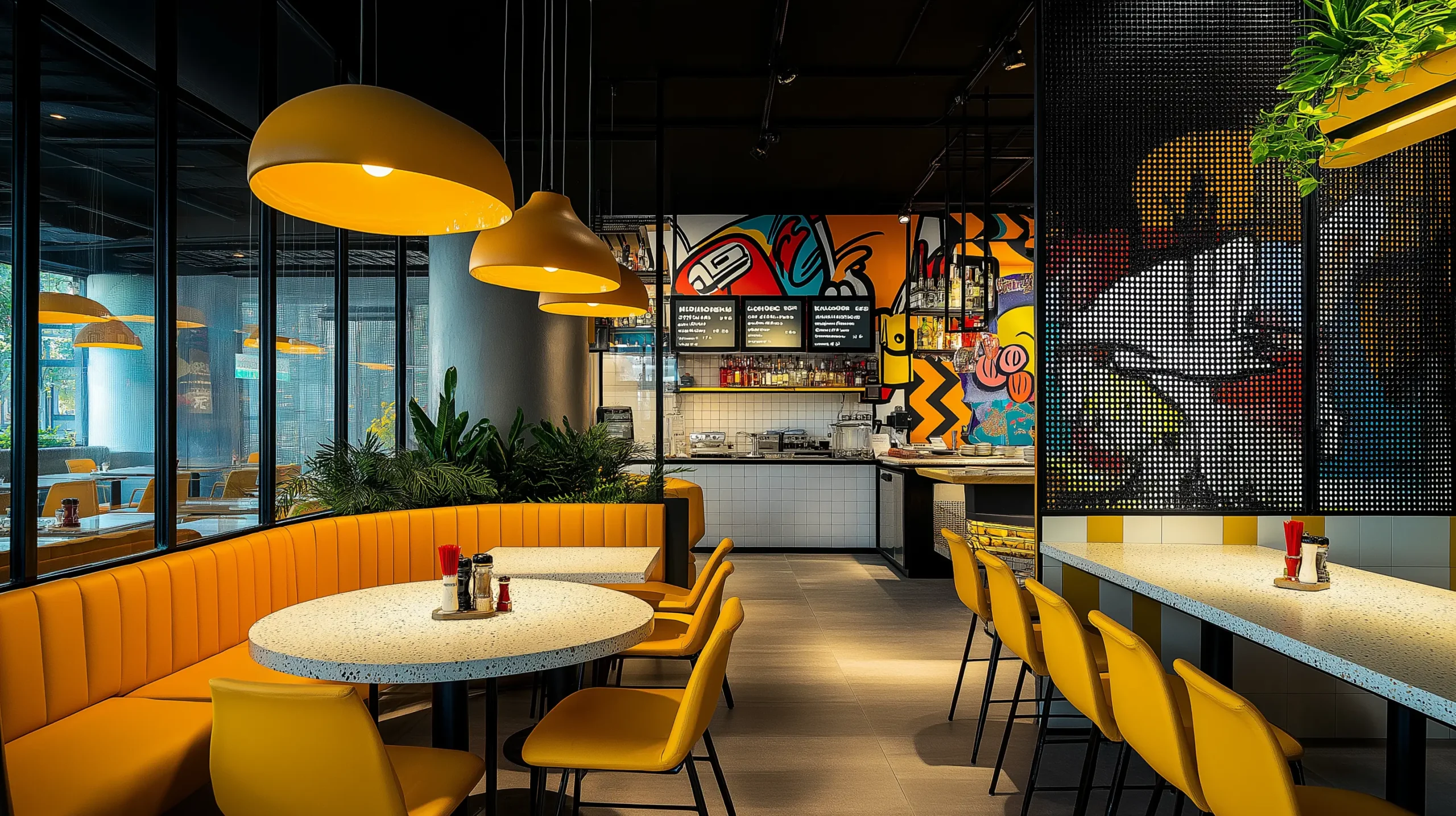 Trendy Restaurant Design: Industrial Chic Meets Modern Vibes 3D rendering of a trendy restaurant interior with terrazzo tables, yellow chairs, a geometric patterned kitchen, and a vibrant pop-art mural on one wall.