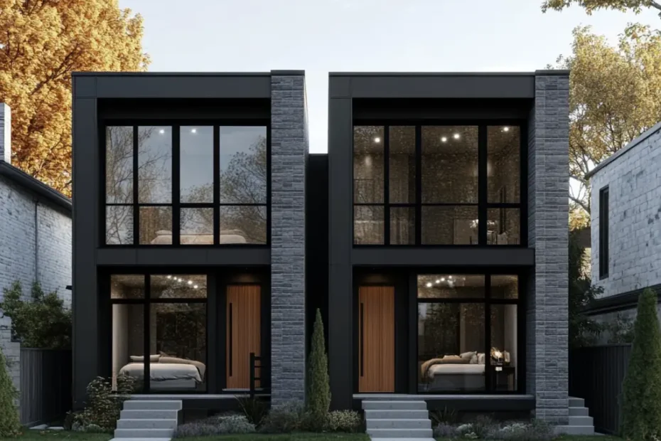 Front view of two one-story houses with basements. The houses are identical in design and separated by 8 feet.