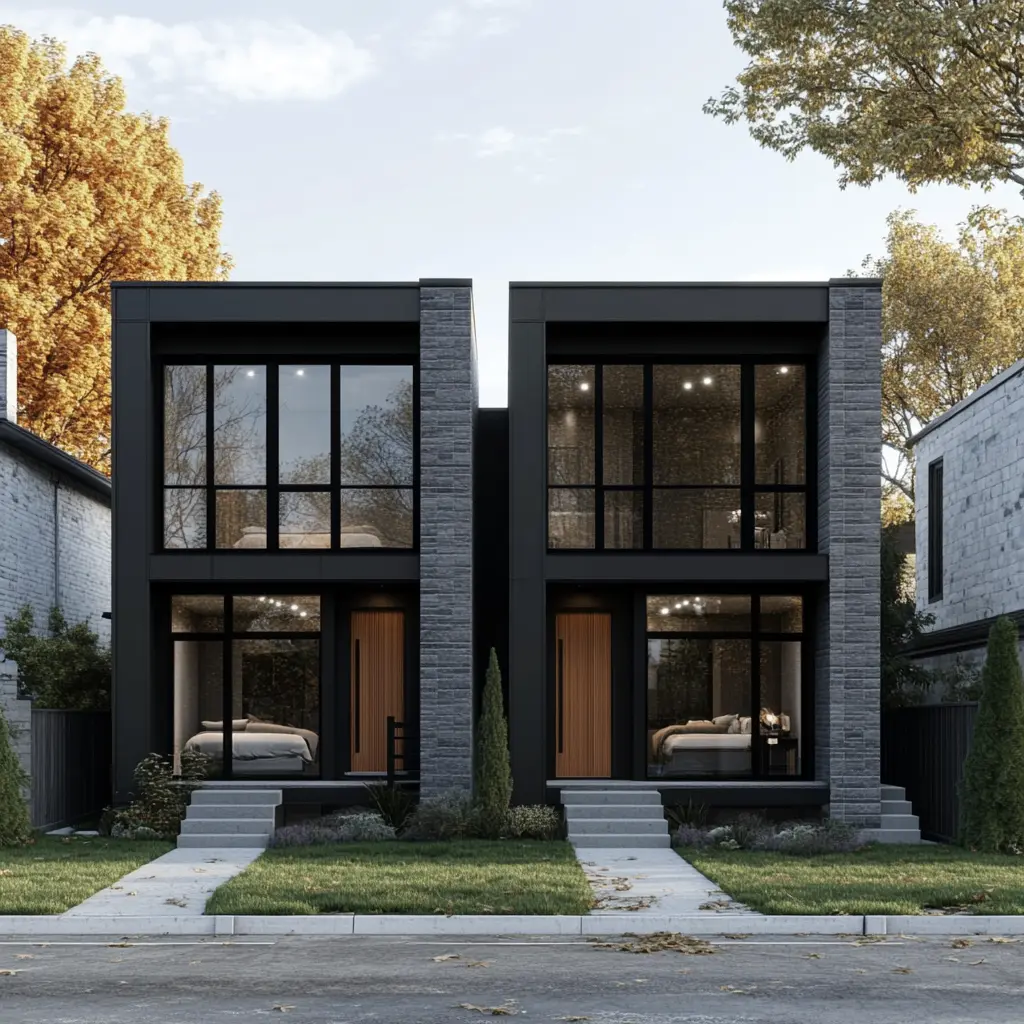 Front view of two one-story houses with basements. The houses are identical in design and separated by 8 feet.