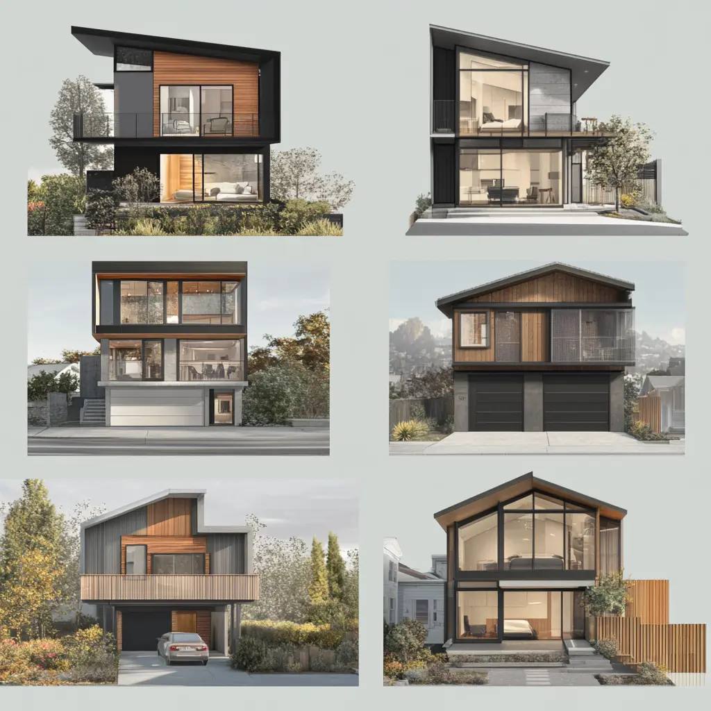 A visual guide showcasing five different types of ADUs: Above-Garage, Junior ADU, Garage Conversion, Attached ADU, and Detached ADU.