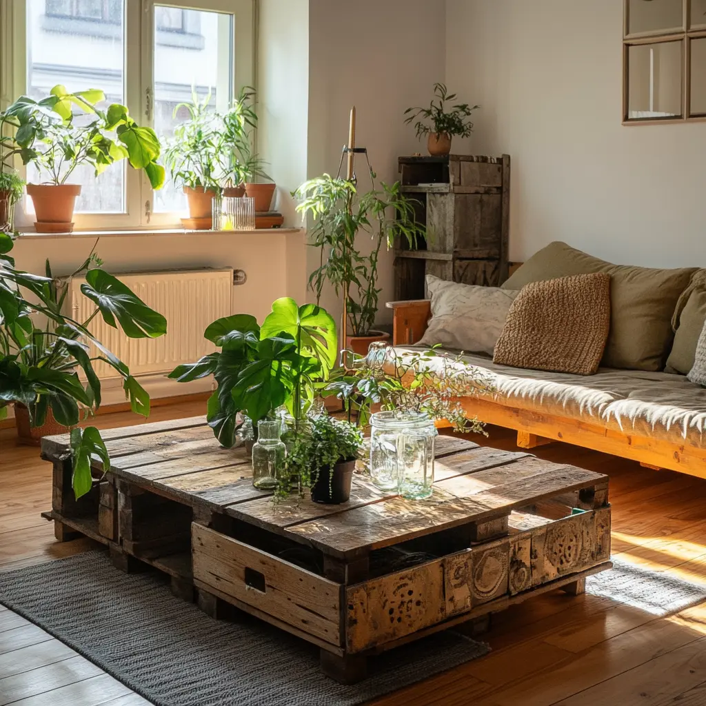 A beautifully lit living room with a refurbished wooden coffee table, repurposed glass jar plant holders, and other sustainable decor elements.