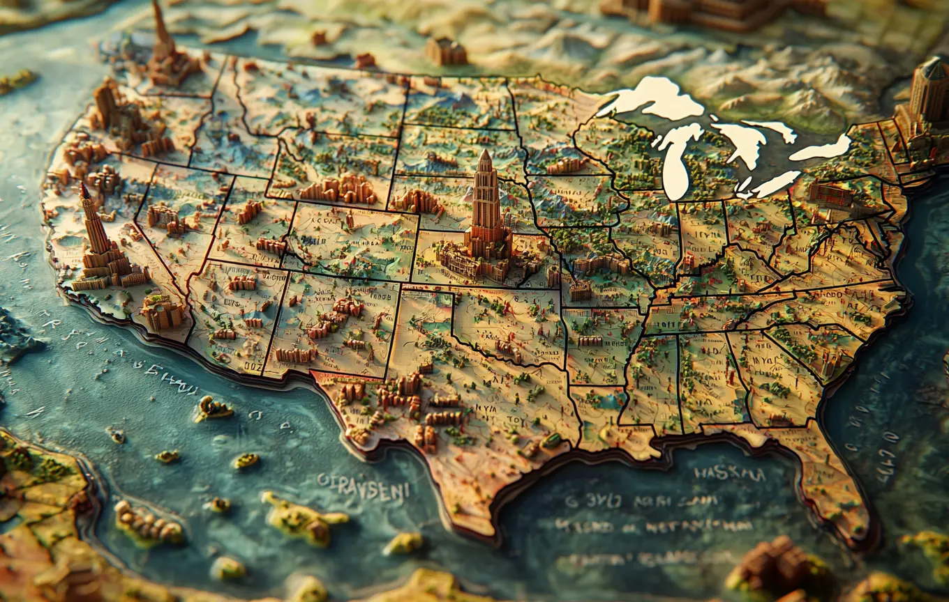 A detailed map of the United States with major cities highlighted, and a zoomed-in section showcasing Jenna's place in California.