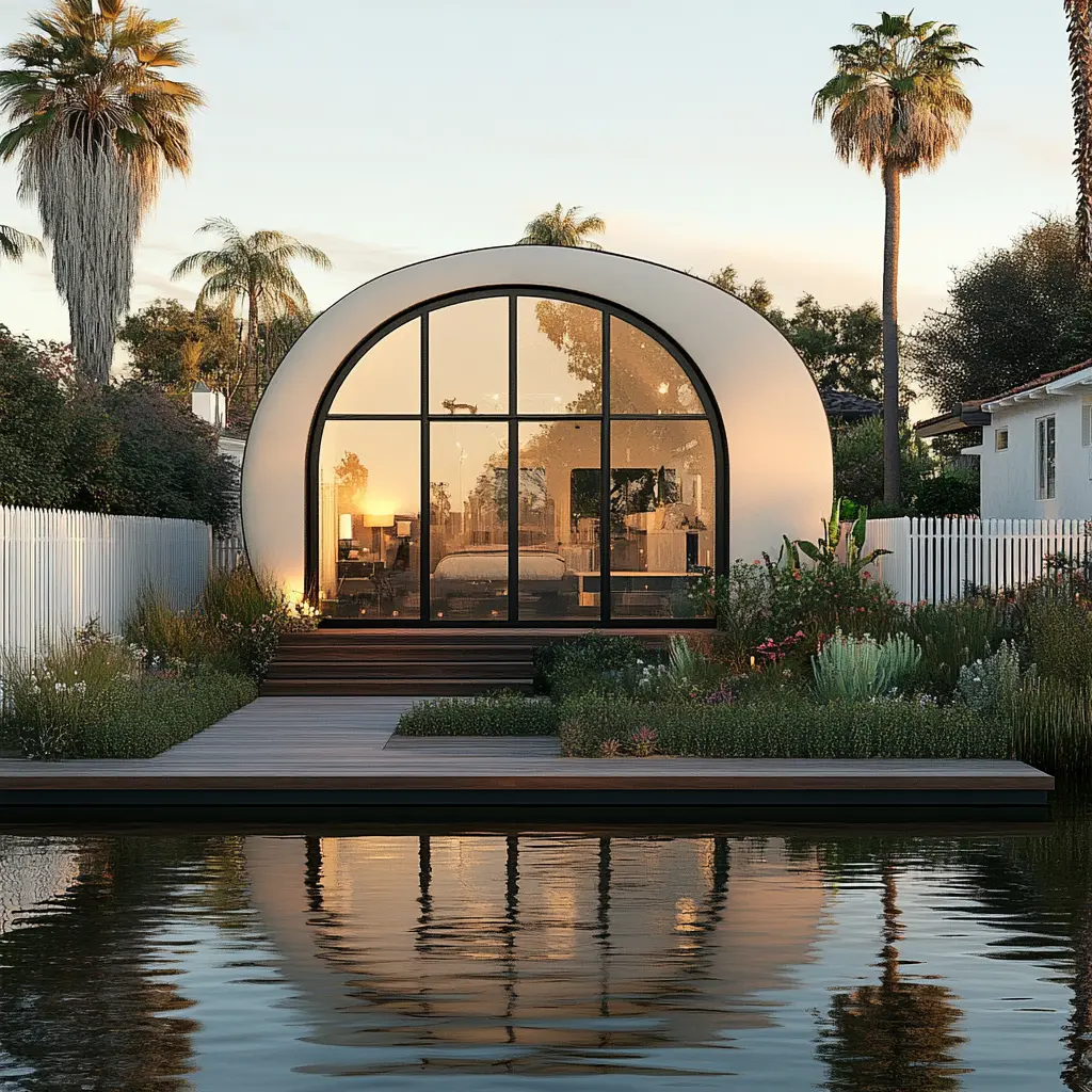 Venice Canal Home Renovation: Modern Arch-Shaped Tiny House Architectural rendering of a renovated Venice Canal home with an arch-shaped roofline, a glass front door, and a small landscaped garden.