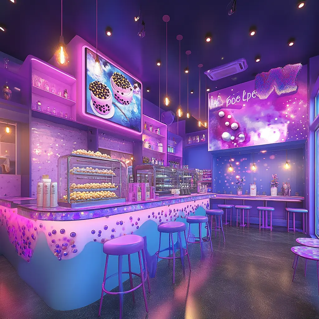 Vibrant Boba Tea Shop Interior Design A modern boba tea shop interior with a sleek bar counter, colorful drink machines, and cozy seating areas.