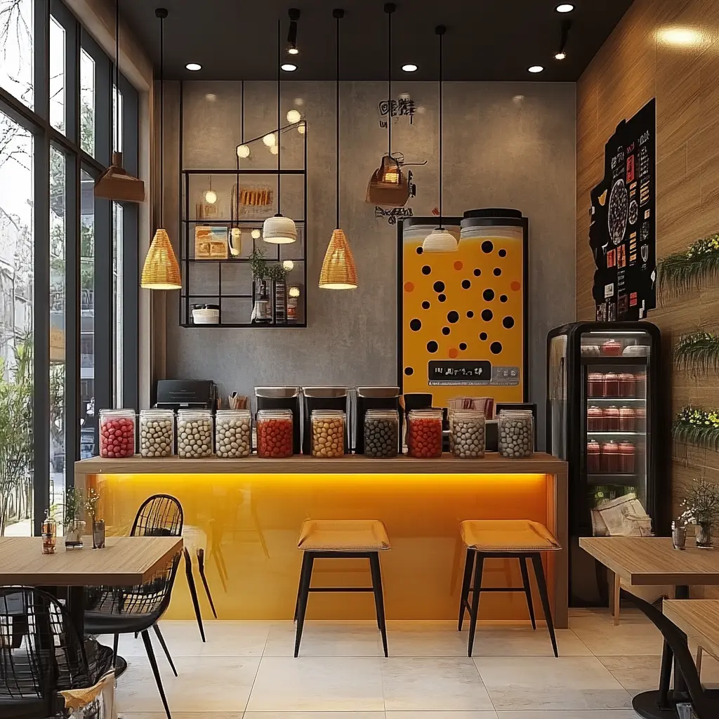 Vibrant Boba Tea Shop Interior: A Welcoming Atmosphere A modern boba tea shop interior with a sleek bar counter, colorful drink machines, and cozy seating areas.