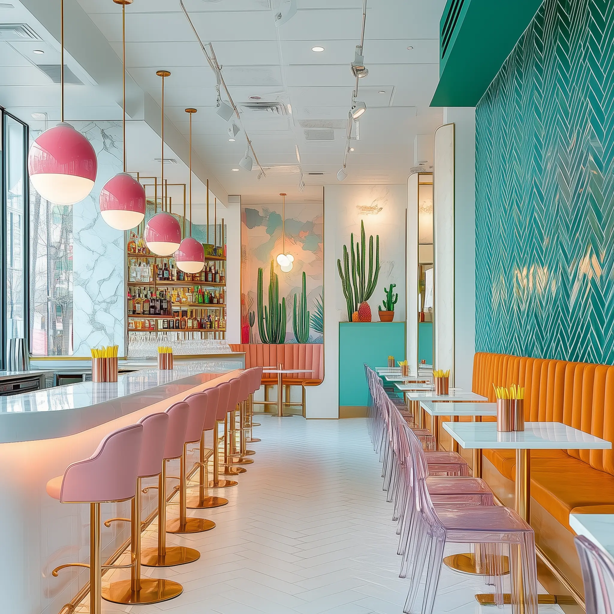Bright & Bold: Modern Fast-Casual Restaurant Design A vibrant fast-casual restaurant with white walls, hot pink accents, and geometric floor tiles.