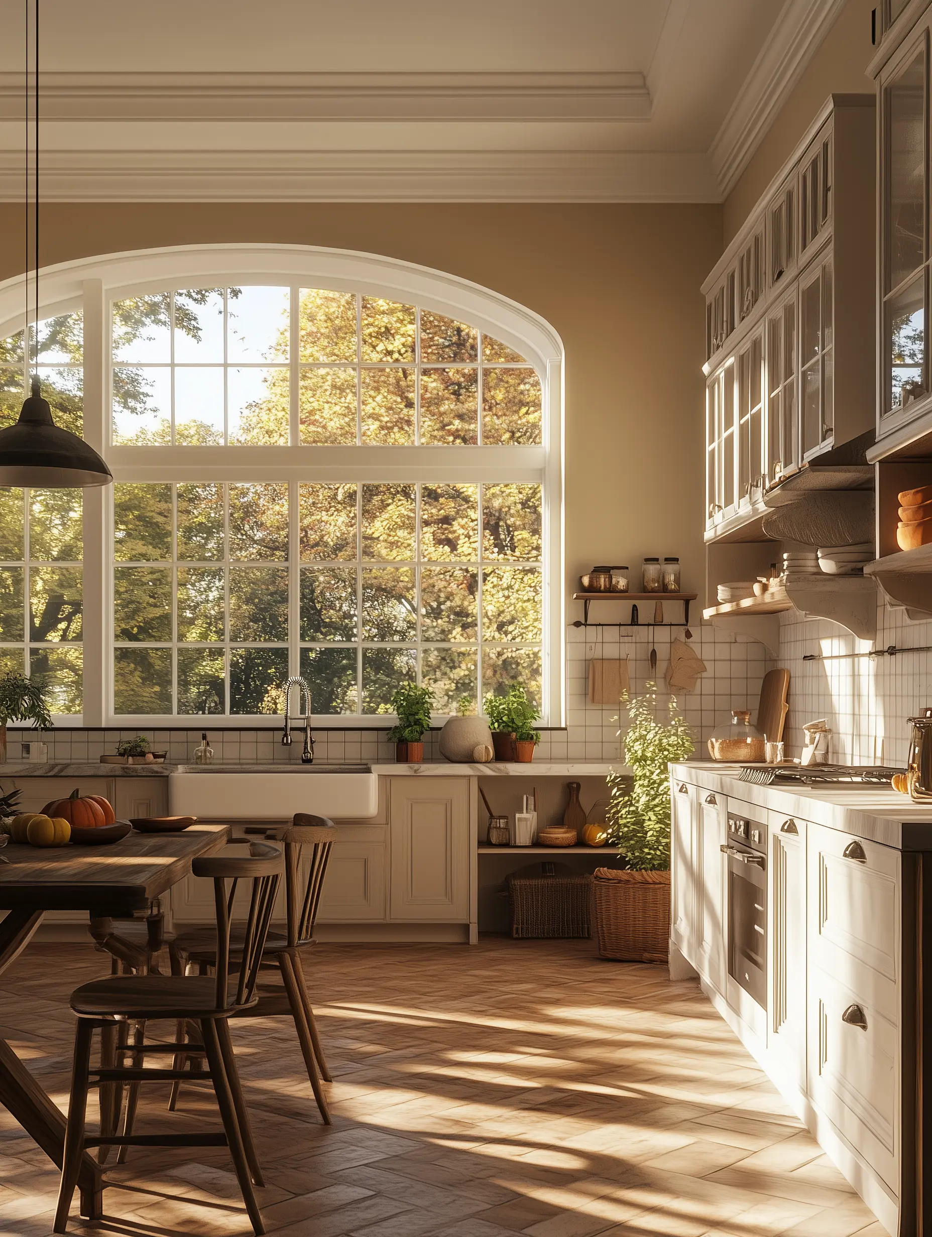 Victorian Charm Meets Modern Convenience: Kitchen Design Inspiration A cozy Victorian-style kitchen with modern elements, featuring high ceilings, large windows, and a blend of antique and contemporary furnishings.
