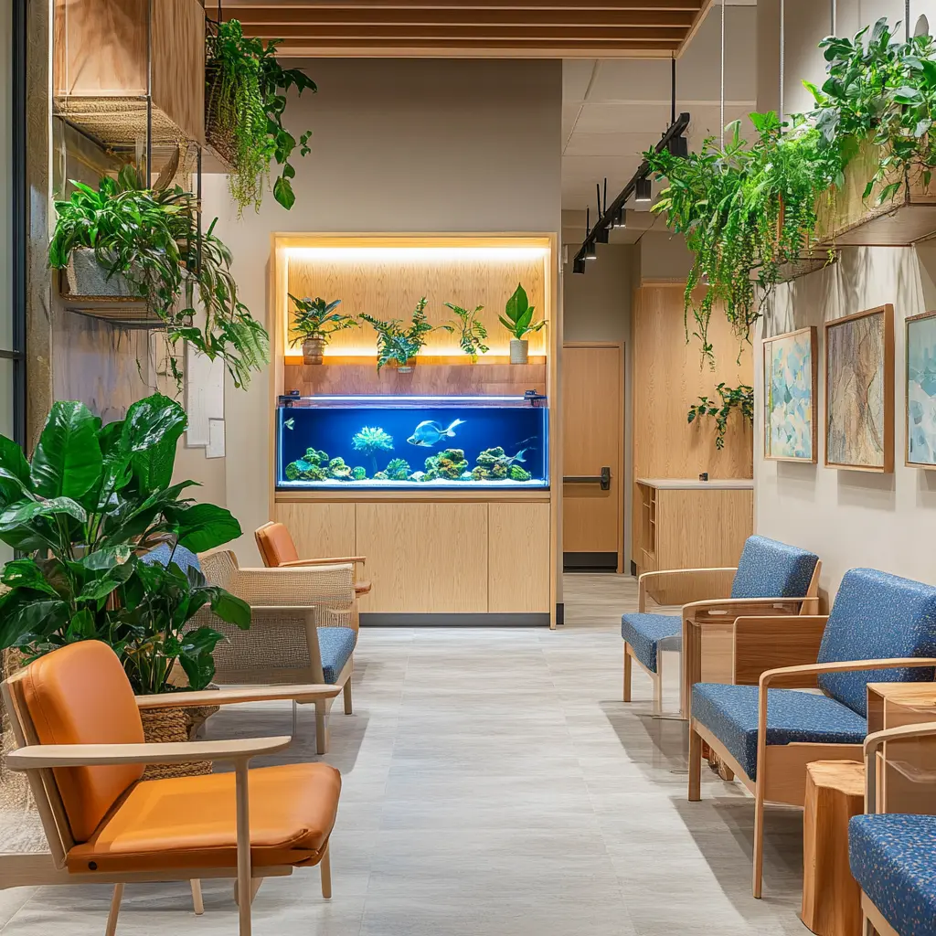 Creating a Welcoming Dental Office: A Look at Interior Design A welcoming dental office waiting room with plants, wooden furniture, blue accents, and an aquarium.
