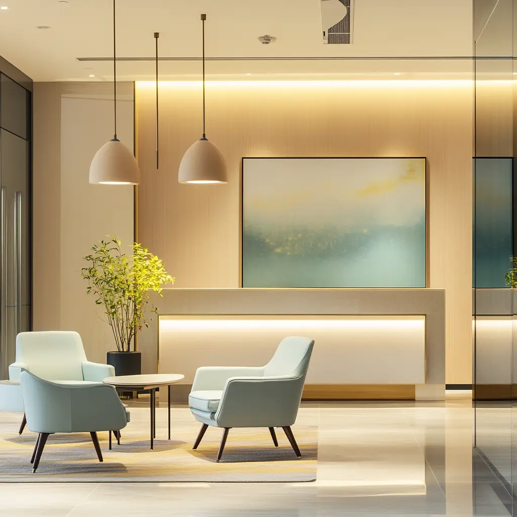 Welcoming Law Office: A Calm and Professional Environment A welcoming law office with warm lighting, soft beige tones, and comfortable furnishings, creating a calm and professional environment.