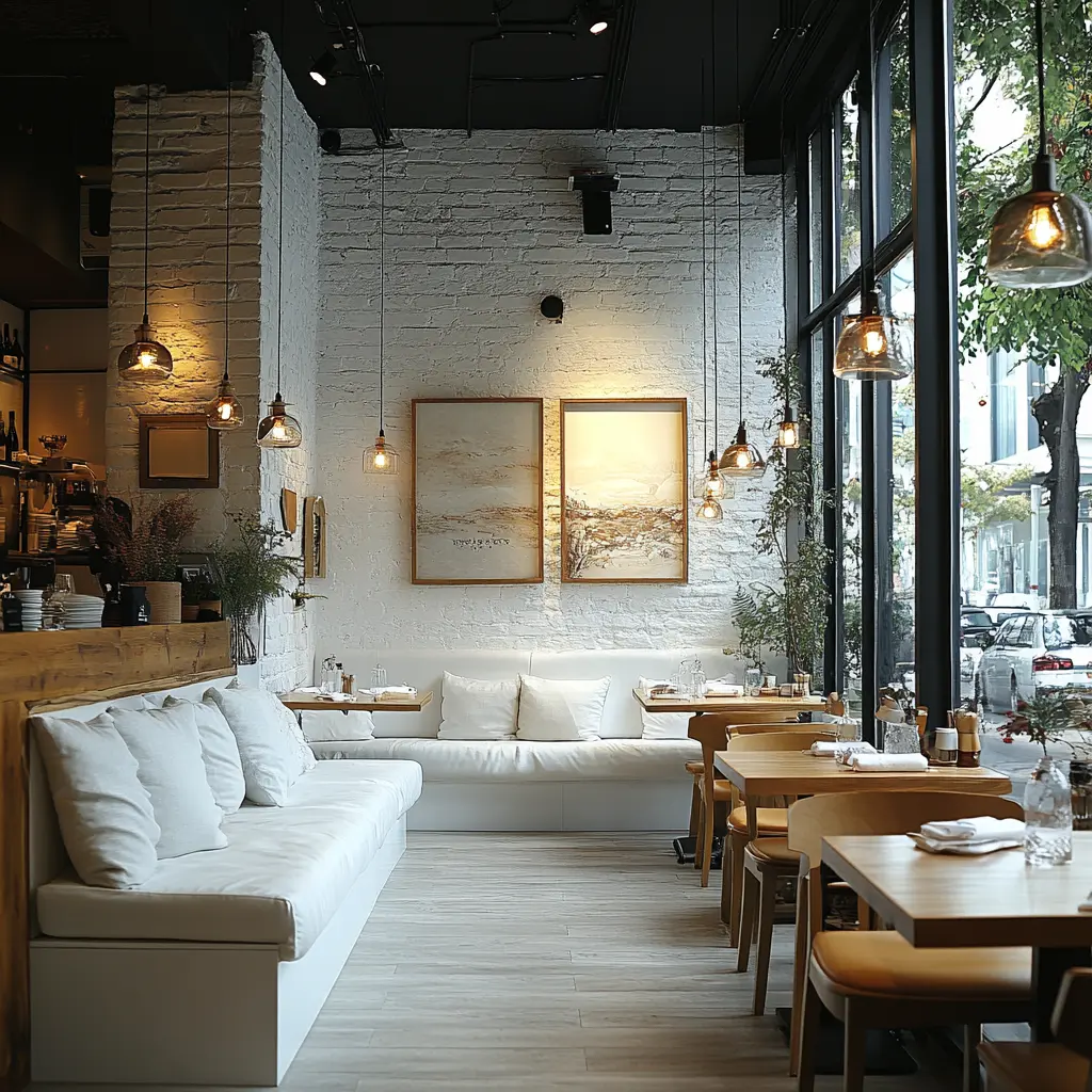 Clean and Spacious White Restaurant: The Epitome of Minimalism A clean and spacious white restaurant with minimalist decor.