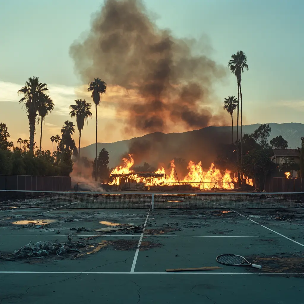 A burnt-out house with a tennis court in the background, surrounded by signs of a recent wildfire.