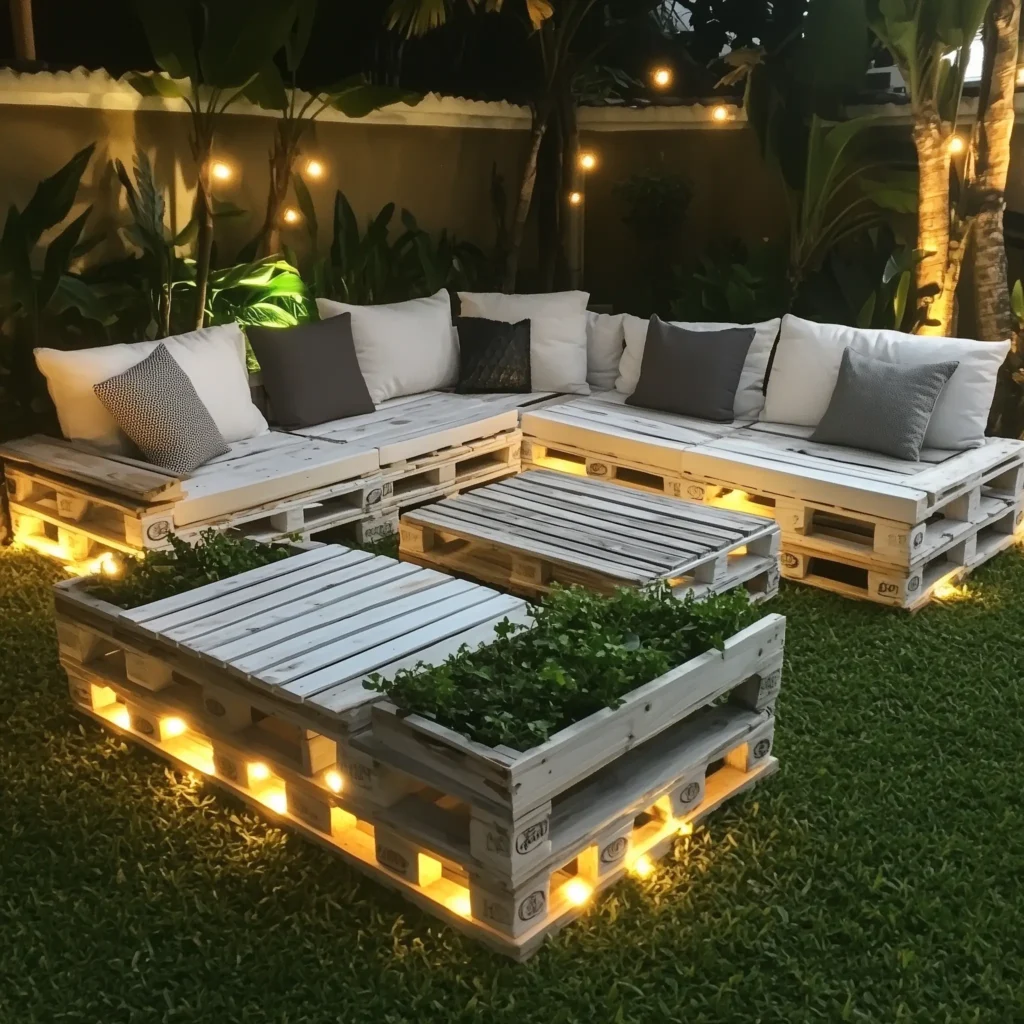 DIY White wooden pallet sofa and table set with lights in a garden surrounded by plants, placed on a grassy lawn.
