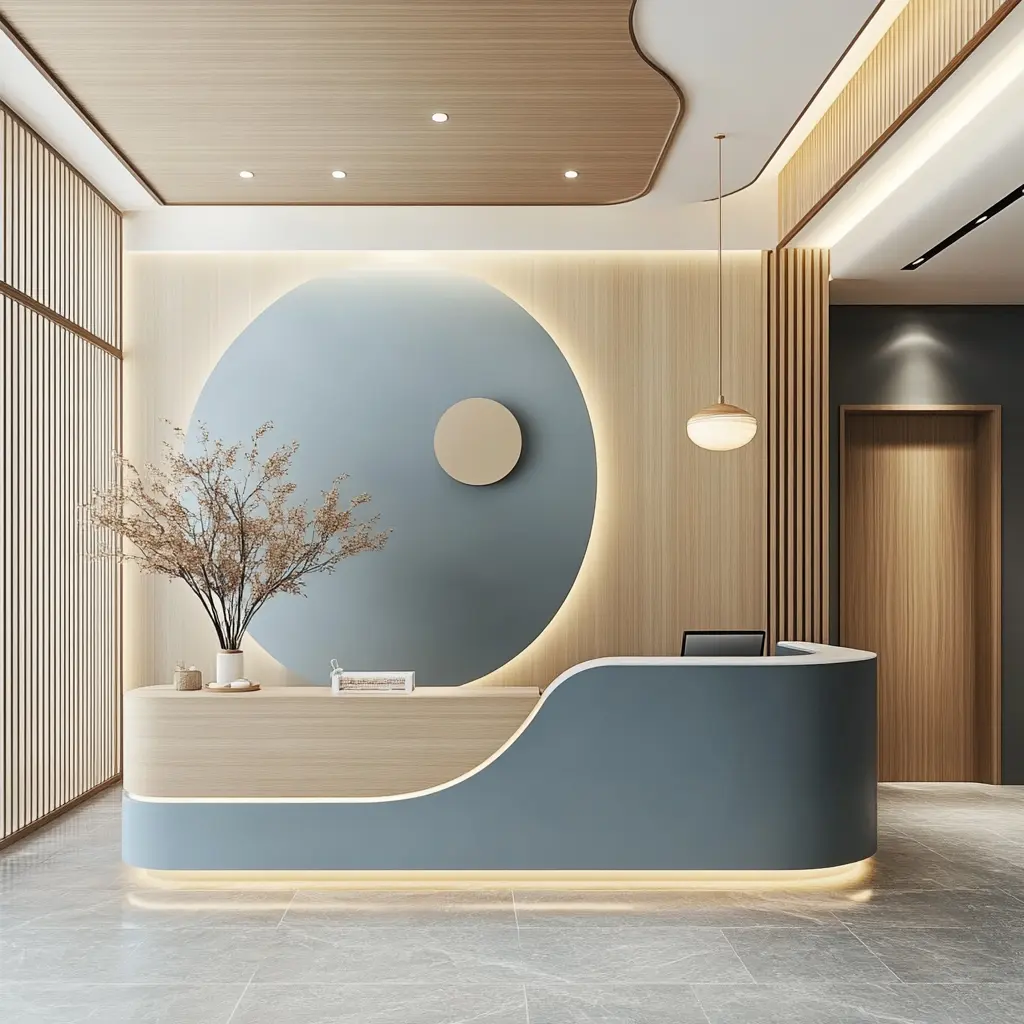 Zen Blue and Beige: Modern Reception Interior Design A modern reception area featuring a calming color palette of zen blue and beige, inspired by dairy products.