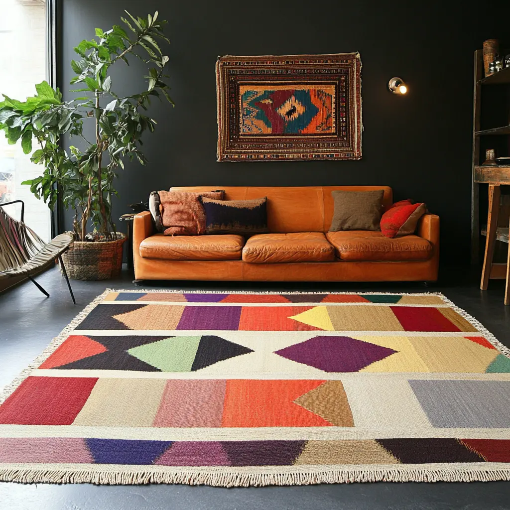 DIY A digital rendering of a modern rug design combining elements of Zollanvari Gabbeh, Mamluk, and Moroccan rugs in a vibrant 2025 Pantone color palette.