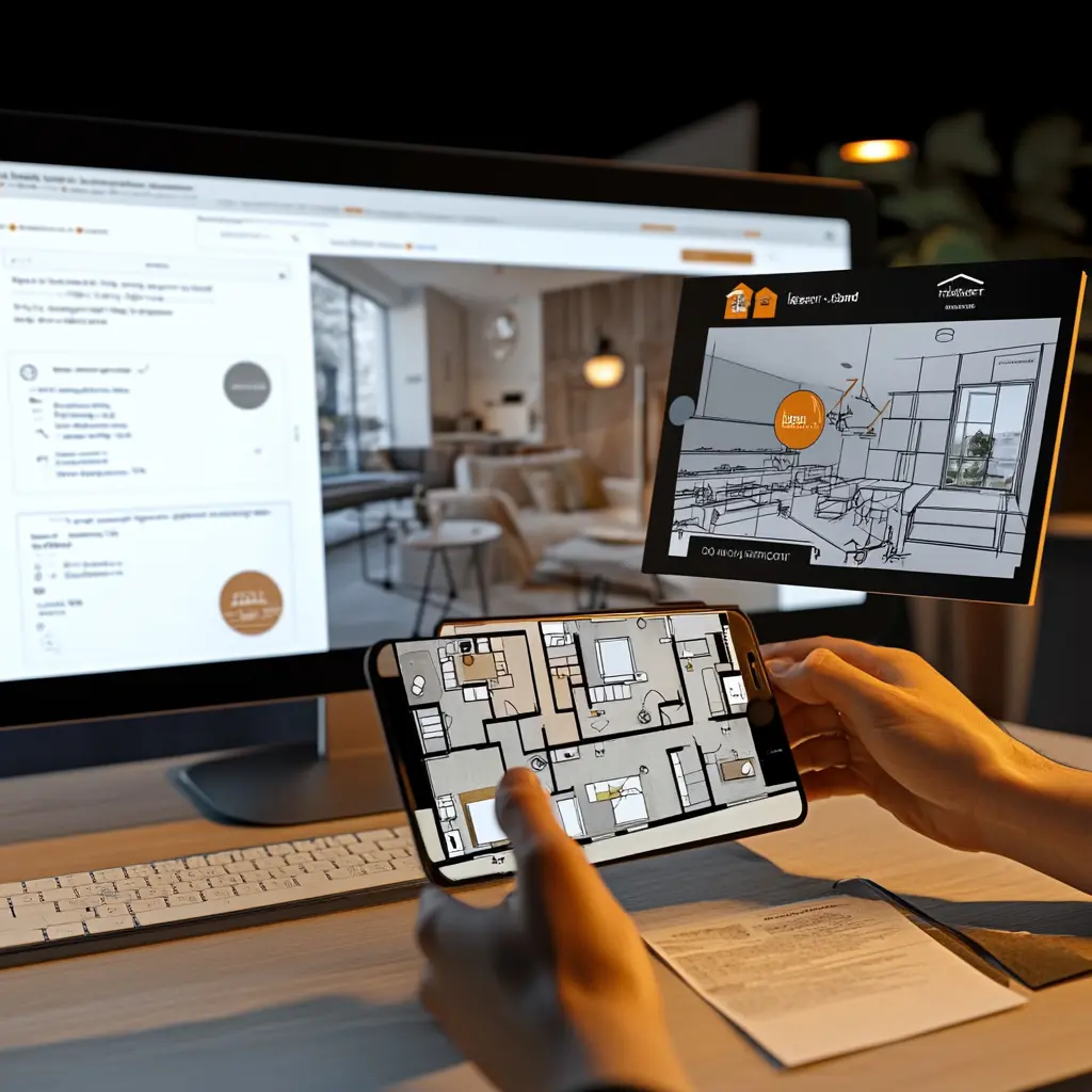 A person using a computer to rearrange a 3D floor plan.