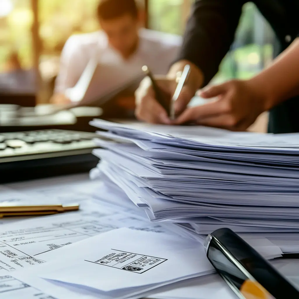 Business Collaboration: Architect Reviewing Plans with Client Architect and client reviewing blueprints over a stack of stamped documents.