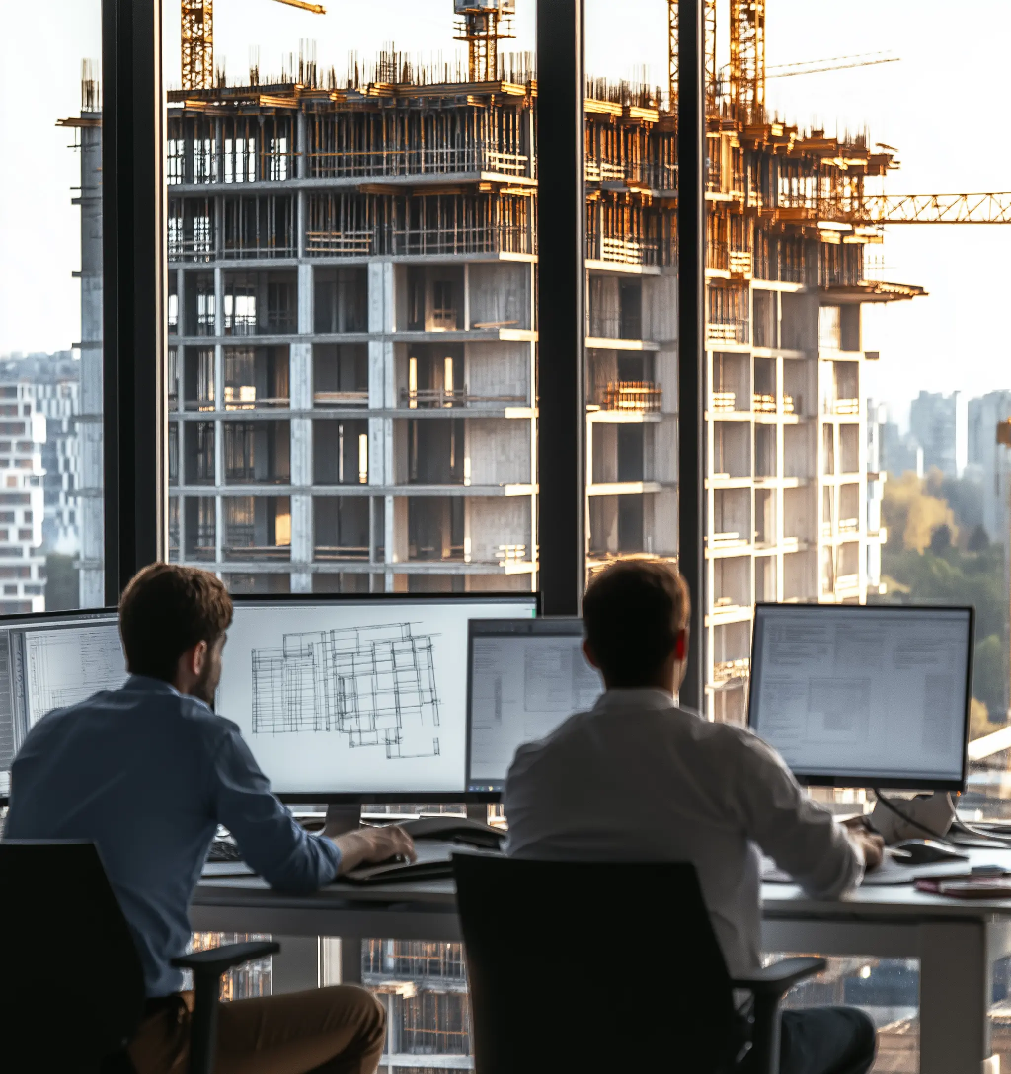 Architects at Work: Designing a High-Rise Building Architects working on computer screens, designing a high-rise building Plan Corrections.