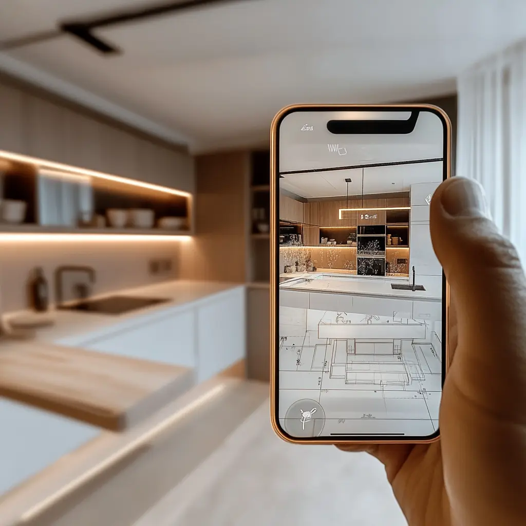 A person using an AR app to design a kitchen, with 3D elements floating in front of them.