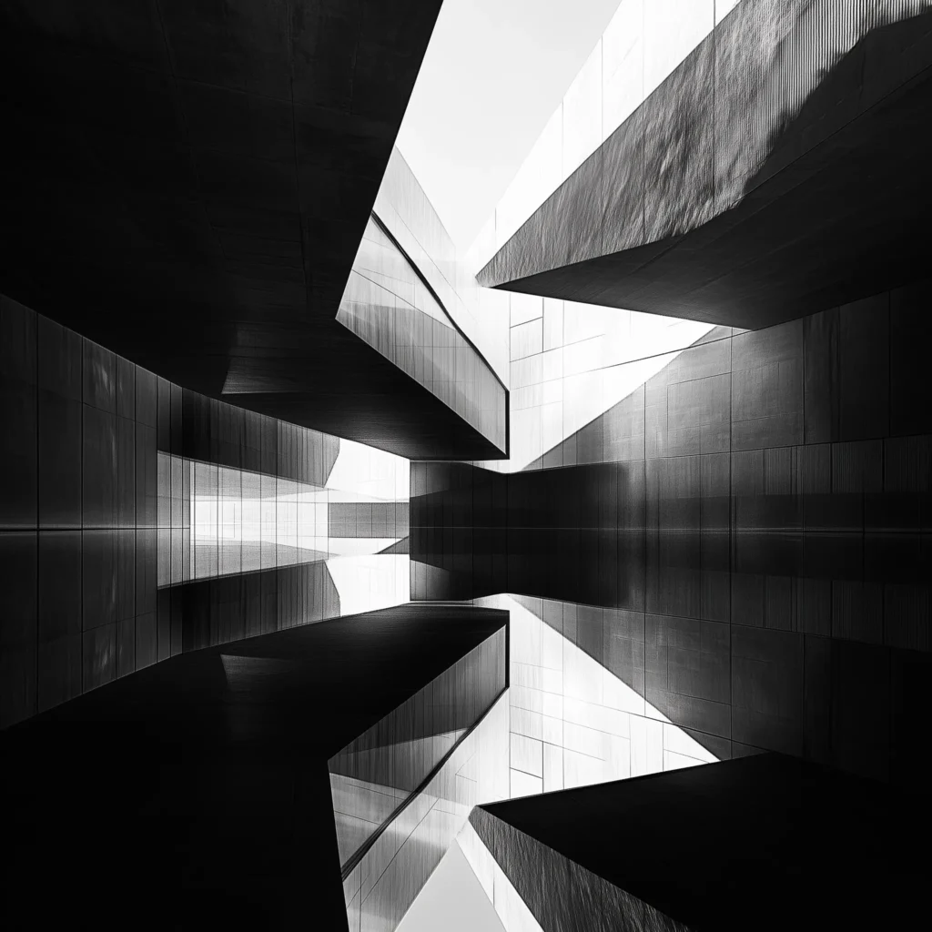 A black and white photograph of a modern building with strong geometric lines and dramatic shadows.