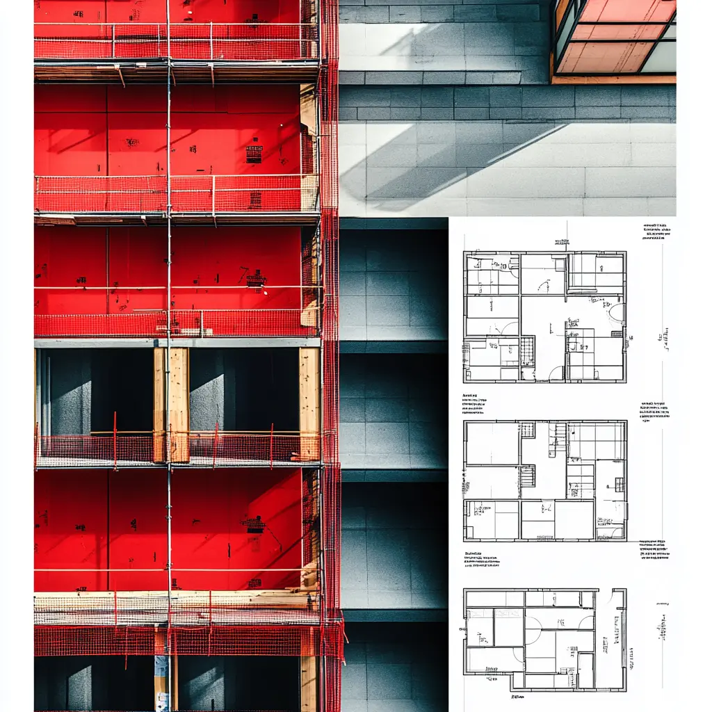 Safety First: The Role of Red Markings in Building Codes A red marking indicating a safety hazard on a construction site in 3D rendering virtual tour.