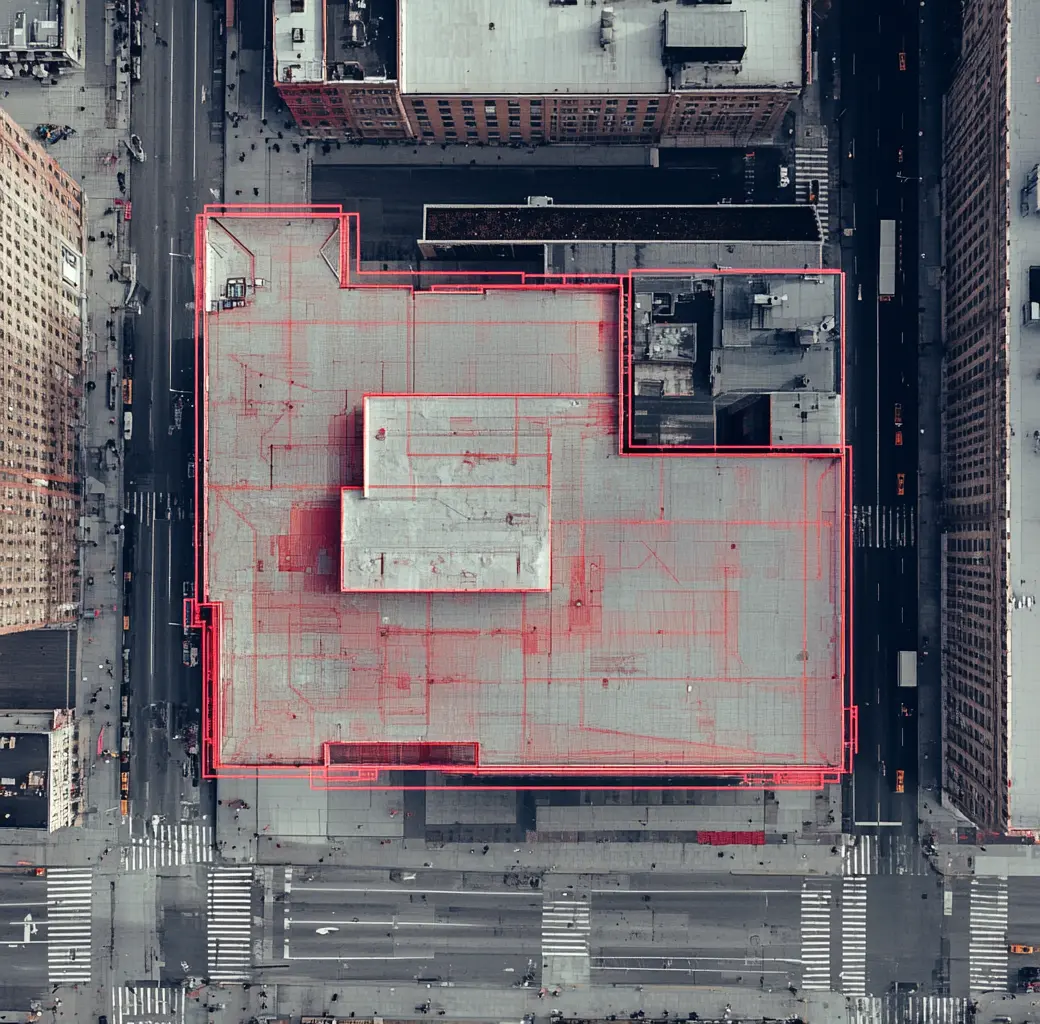 Aerial View of Building Roof with Dimensional Analysis Aerial view of a building roof with red lines indicating dimensions and a highlighted area for future development Commercial Architecture.