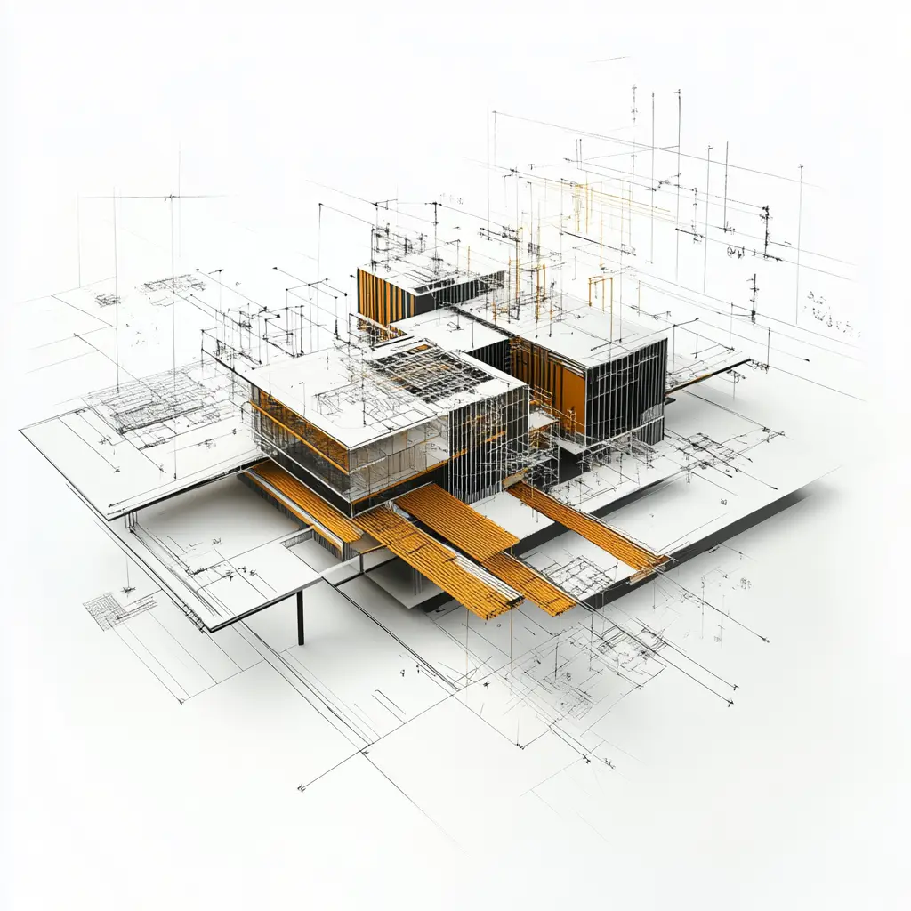Central Composition BIM Conceptual Art plans A central composition digital artwork representing the concept of Building Information Modeling (BIM) plans.