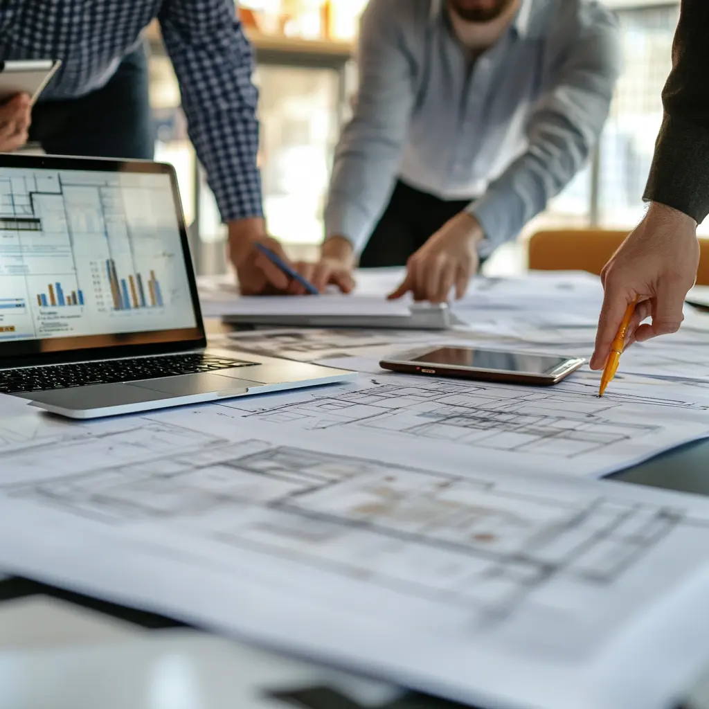 Collaborative Teamwork: Architects Reviewing Project Plans A group of professionals in a modern conference room reviewing architectural blueprints and financial documents Plan Corrections.