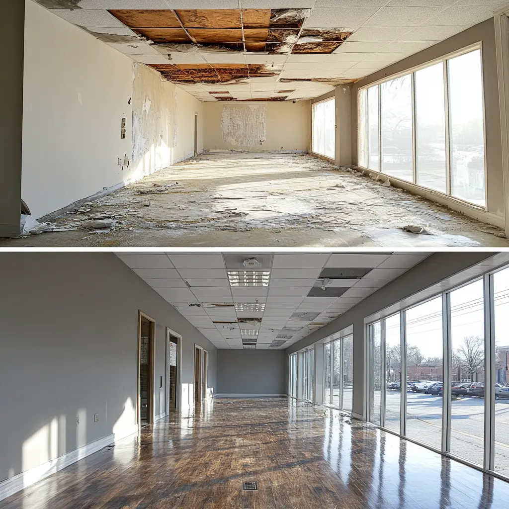 A side-by-side comparison of a commercial space before and after renovation.