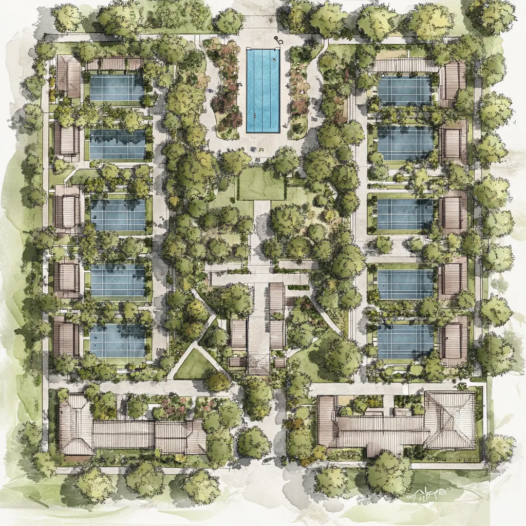 Floor Plan: Community with Pickleball Courts, Tennis Court, and Pool An aerial view of a community floor plan with pickleball courts, a tennis court, a swimming pool, houses, and a multi-purpose building site plans