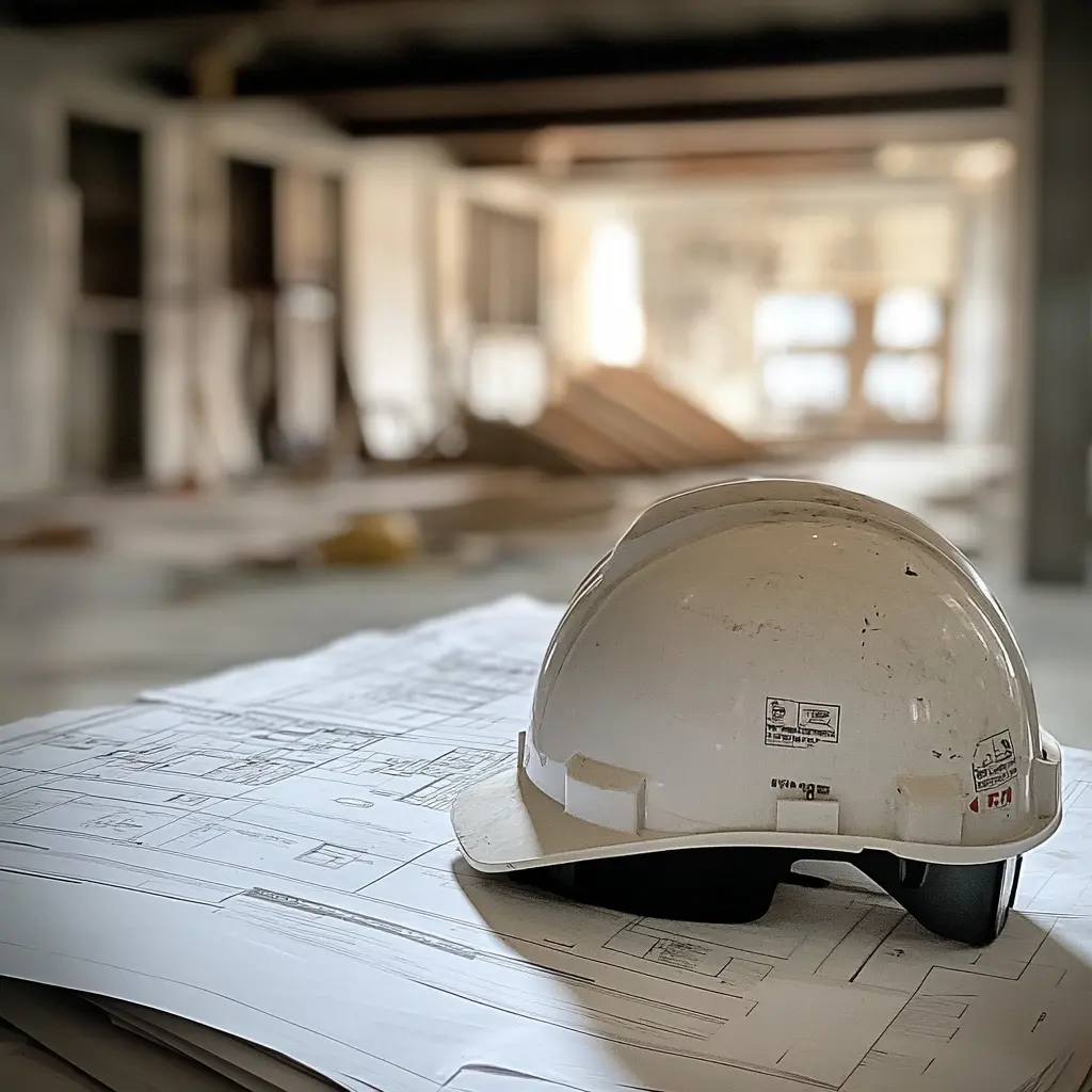A construction worker wearing a hard hat and holding blueprints commercial lease.