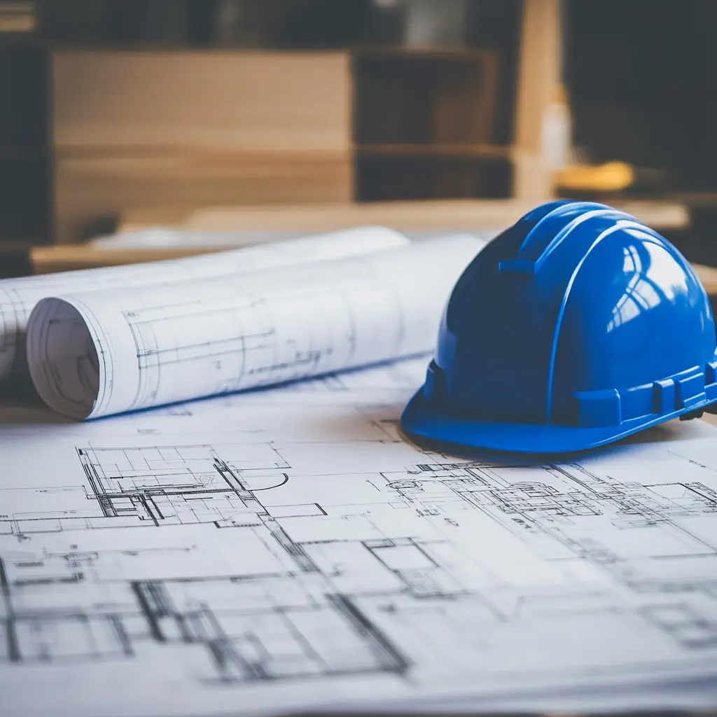 Construction Site Essentials: Blueprints and Hard Hat Flat blueprints and rolled blueprints on a table with a blue hard hat Permit Processing.