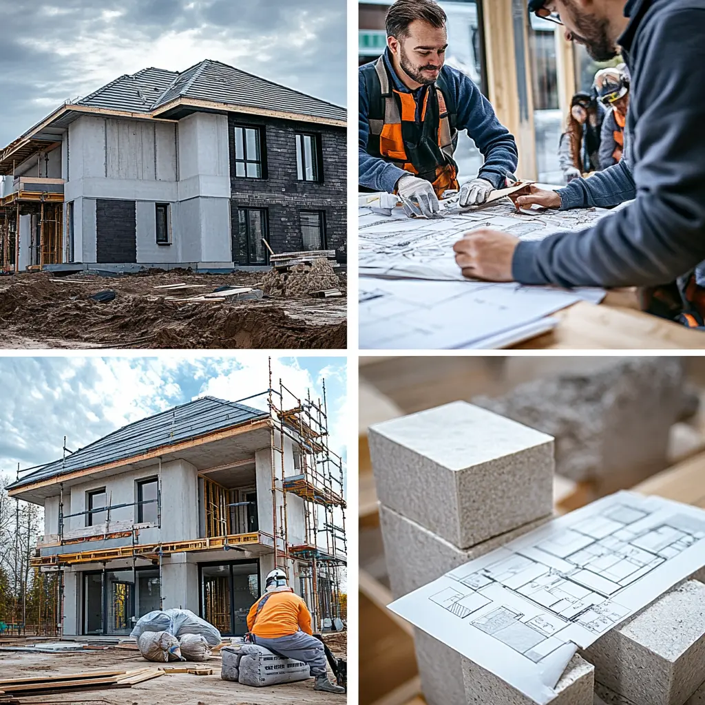 Construction in Action: Skilled Workers Building a Home Construction workers building a residential house, showcasing modern tools and safety equipment Permit Processing.