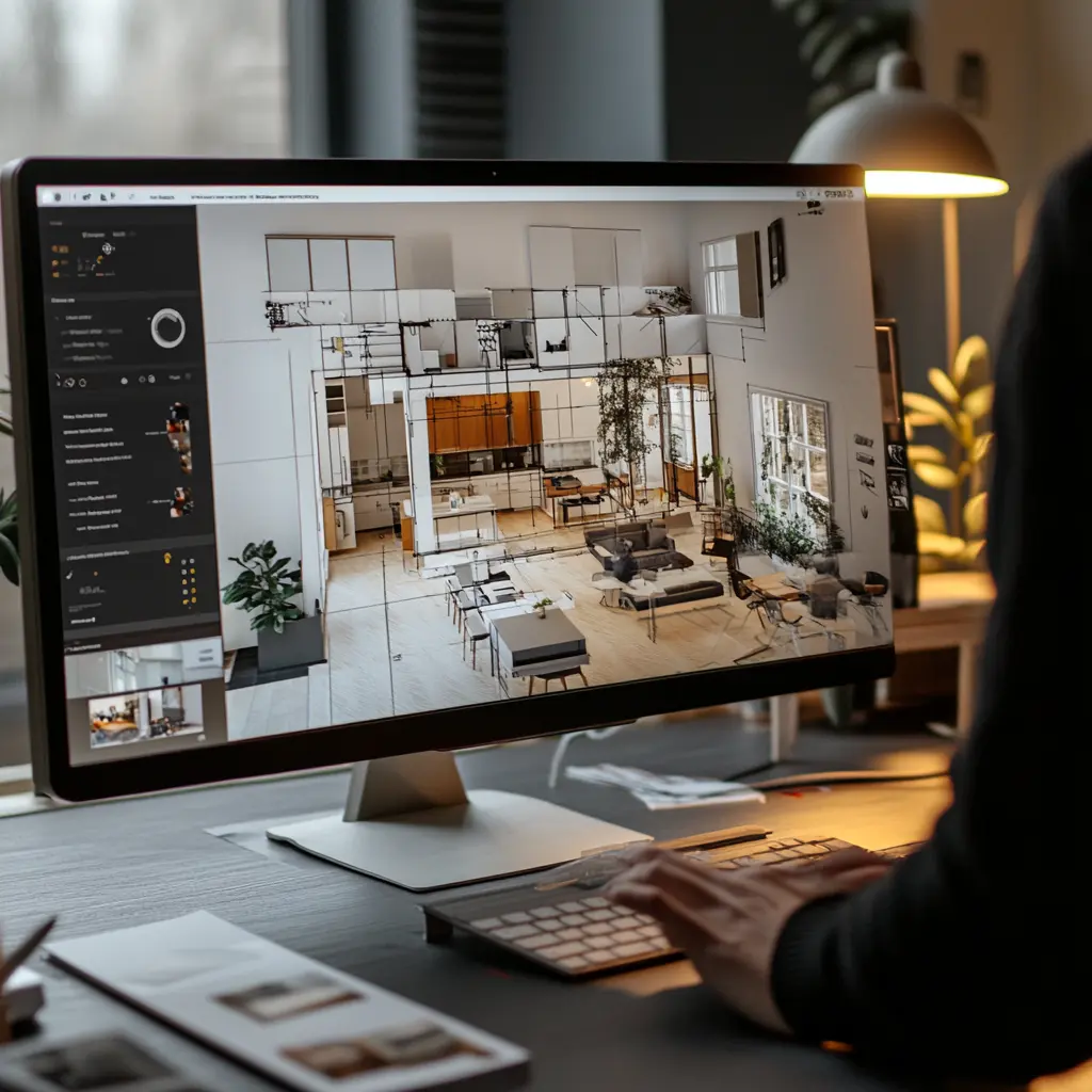 A person using a computer to design a 3D floor plan.