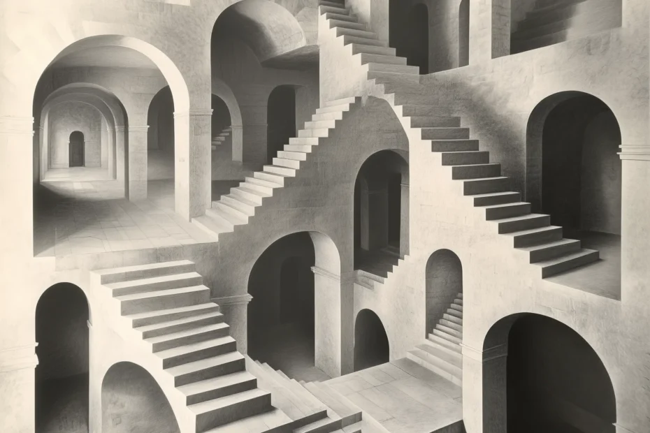 A photograph of a room with impossible staircases in the style of M.C. Escher.